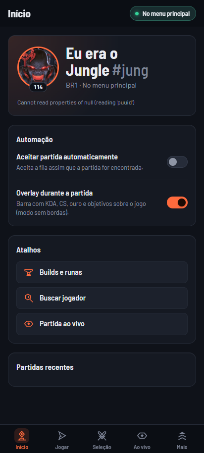 Tela inicial do Rift Companion no Android com acesso ao cliente conectado