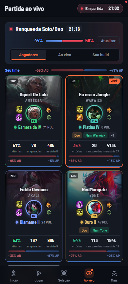 A mesma partida acompanhada no app Android